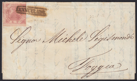 NAPSP7 - 1858 - Letter sent from Naples to Foggia franked with 2 carmine pink grana III plate (7c) 