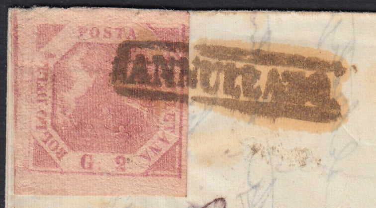 NAPSP7 - 1858 - Letter sent from Naples to Foggia franked with 2 carmine pink grana III plate (7c) 
