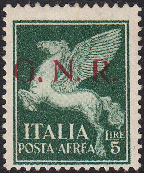 ND99 - 1944 - Posta Aerea, GNR tiratura di Brescia I tipo, L. 5 verde "punto grosso dopo la G" nuovo gomma originale (123/Iia)
