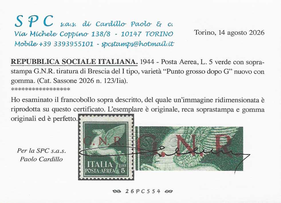 ND99 - 1944 - Posta Aerea, GNR tiratura di Brescia I tipo, L. 5 verde "punto grosso dopo la G" nuovo gomma originale (123/Iia)