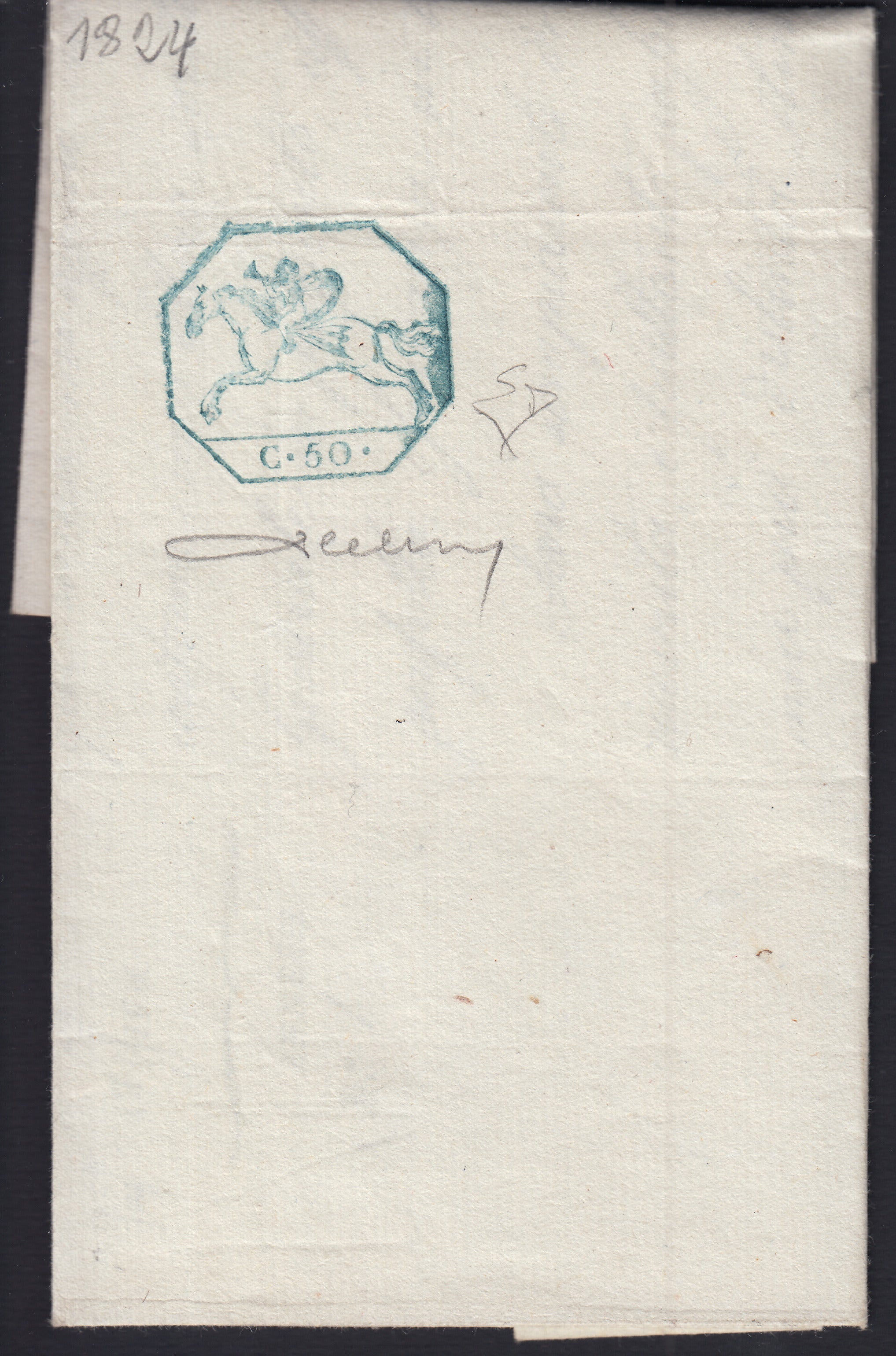 ND107 - 1824 - Cavallini, emissione provvisoria c. 50 azzurro su documento spedito da Torino per Vercelli 23/9/1824 (3)