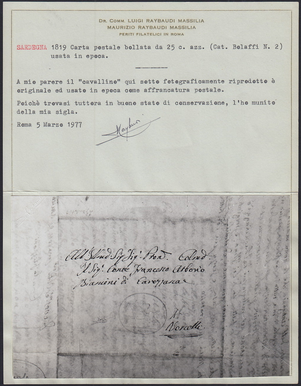 ND108 - 1819 - Cavallini, emissione provvisoria c. 25 azzurro su documento usato in piena validigà postale (2)