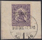 ND120 - 1918 - Francobollo d'Ungheria "Beneficenza", 15 filler (+2) violetto, soprastampa a mano FIUME del VI tipo, usato su frammento (2/VI)