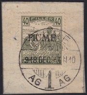 ND125 - 1918 - Francobollo d'Ungheria "Mietitori", 40 filler oliva, soprastampa a mano FIUME del VI tipo, usato su frammento (13/VI)