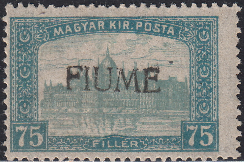 ND12 - 1918 - Francobollo d'Ungheria tipo "Parlamento", 75 filler celeste e celeste chiaro con soprastampa FIUME a mano del II tipo nuovo con gomma (15/II)