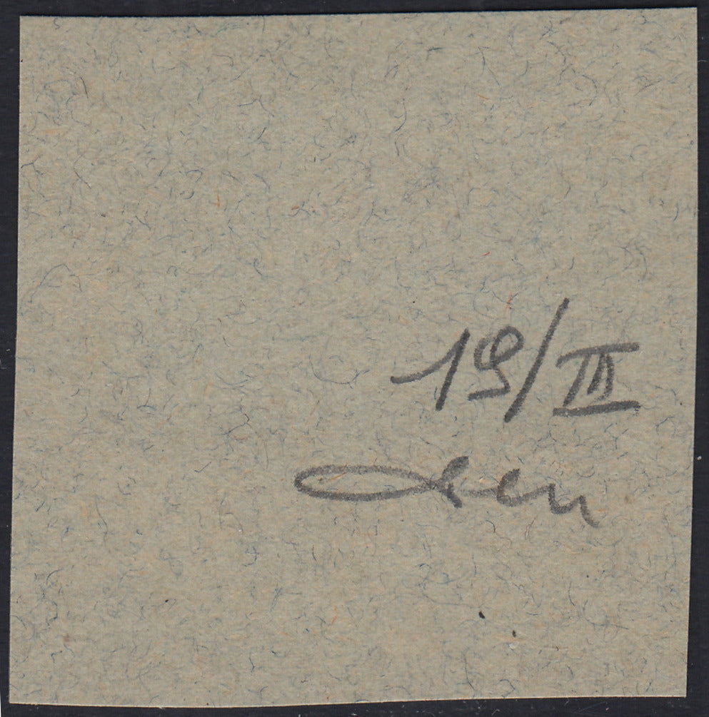 ND130 - 1918 - Francobollo d'Ungheria "Parlamento", 3 korone violetto e grigio, soprastampa a mano FIUME del III tipo, usato su frammento (19/III)