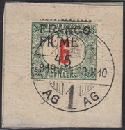 ND135 - 1918 - Segnatasse d'Ungheria 6 filler verde e rosso soprastampa FIUME a macchina e FRANCO 45 a mano fortemente spostata in alto, usato su frammento (29cbb)