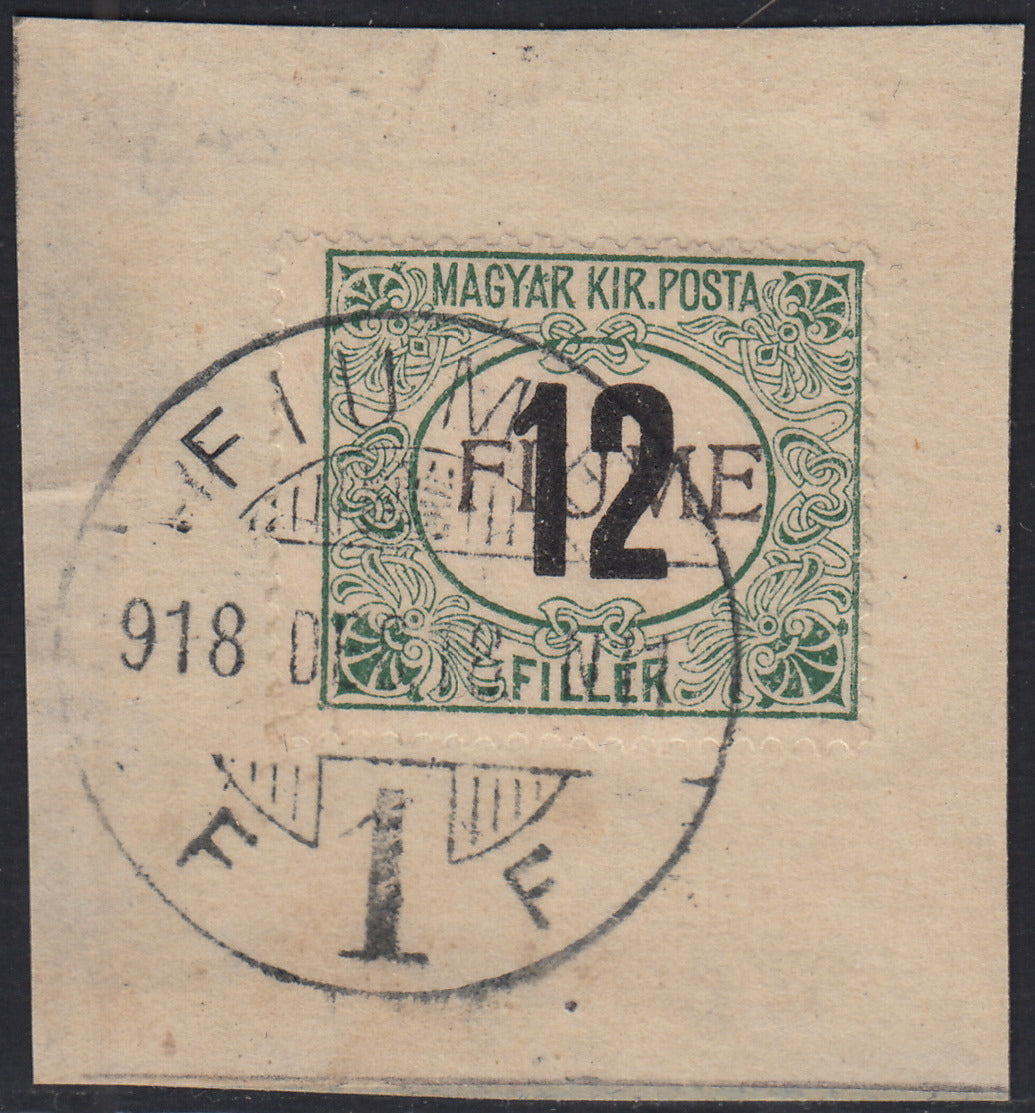ND139 - 1918 - Segnatasse di Ungheria 12 filler verde e nero, filigrana "C" soprastampa a mano del III tipo usato su frammento (C2/III)