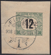 ND139 - 1918 - Segnatasse di Ungheria 12 filler verde e nero, filigrana "C" soprastampa a mano del III tipo usato su frammento (C2/III)