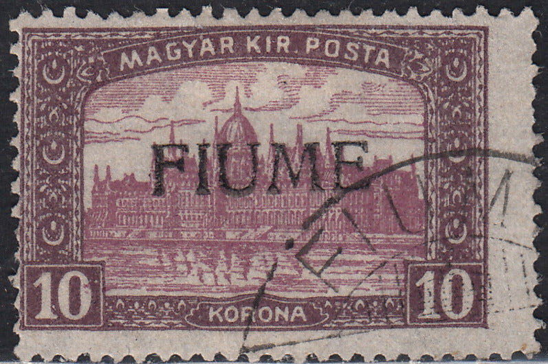 ND13 - 1918 - Francobollo d'Ungheria tipo "Parlamento", 10 korona bruno lilla e lilla con soprastampa FIUME a mano del II tipo usato (21/II)