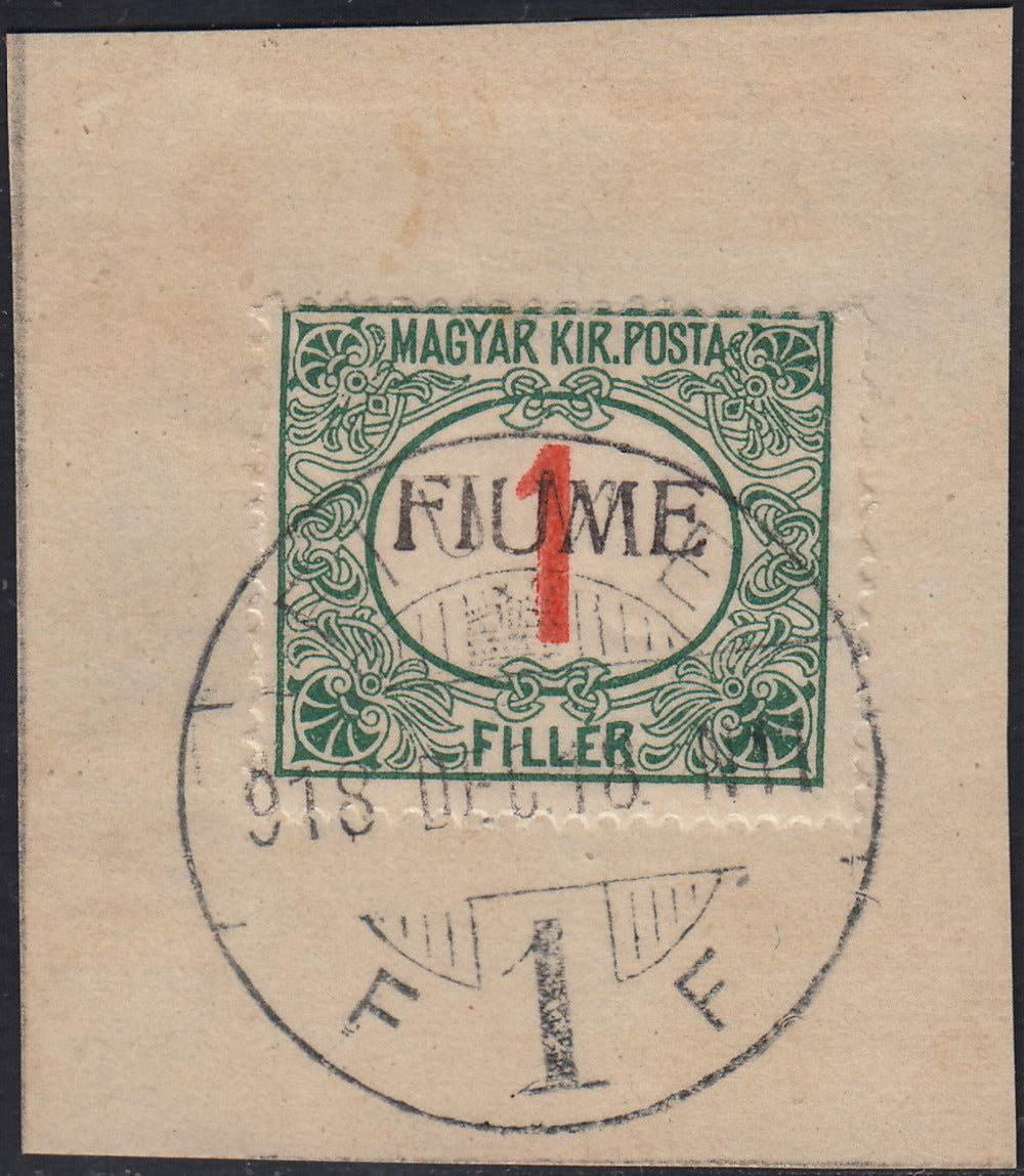 ND140 - 1918 - Segnatasse di Ungheria 1 filler verde e rosso soprastampa a mano del III tipo usato su frammento (4/III)