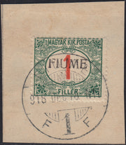 ND140 - 1918 - Segnatasse di Ungheria 1 filler verde e rosso soprastampa a mano del III tipo usato su frammento (4/III)