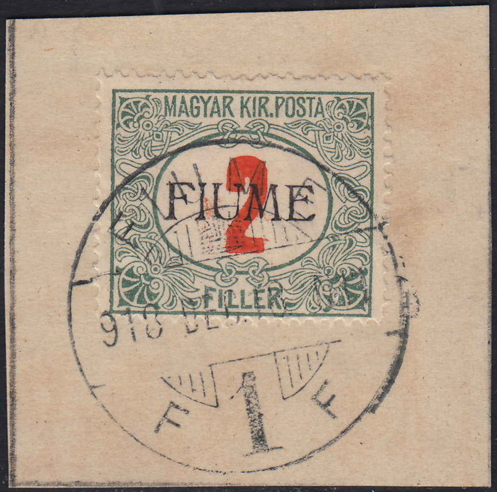 ND141 - 1918 - Segnatasse di Ungheria 2 filler verde e rosso soprastampa a mano del V tipo usato su frammento (5/V)