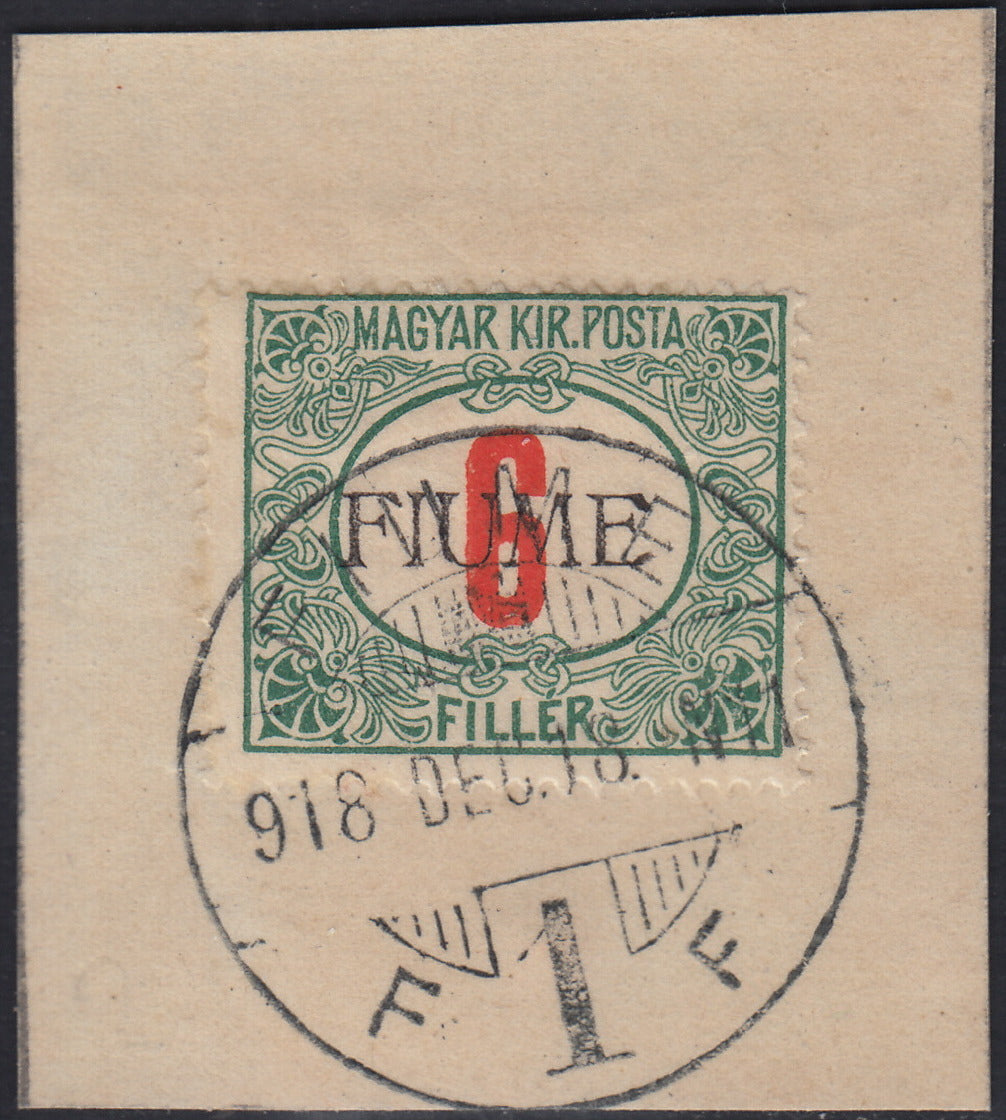 ND142 - 1918 - Segnatasse di Ungheria 6 filler verde e rosso soprastampa a mano del V tipo usato su frammento (7/V)
