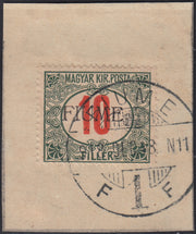 ND143 - 1918 - Segnatasse di Ungheria 10 filler verde e rosso soprastampa a mano del V tipo usato su frammento (8/V)