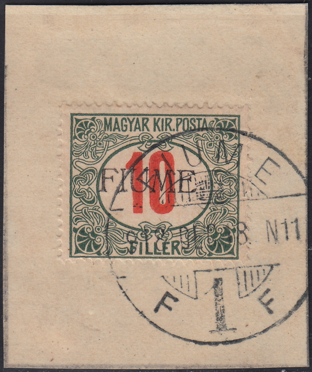 ND143 - 1918 - Segnatasse di Ungheria 10 filler verde e rosso soprastampa a mano del V tipo usato su frammento (8/V)