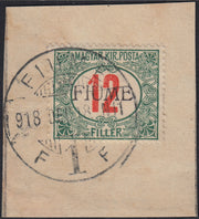 ND144 - 1918 - Segnatasse di Ungheria 12 filler verde e rosso soprastampa a mano del V tipo usato su frammento (9/V)
