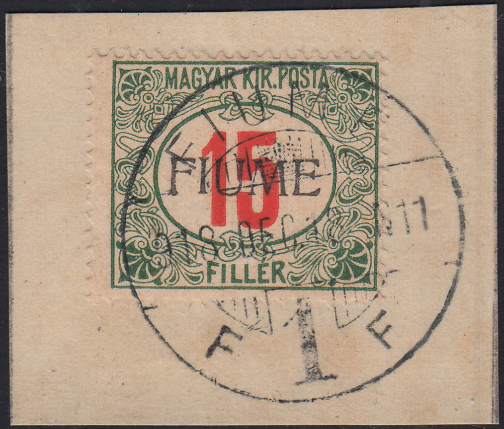 ND145 - 1918 - Segnatasse di Ungheria 15 filler verde e rosso soprastampa a mano del III tipo usato su frammento (10/III)