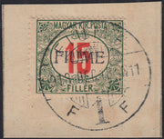 ND145 - 1918 - Segnatasse di Ungheria 15 filler verde e rosso soprastampa a mano del III tipo usato su frammento (10/III)