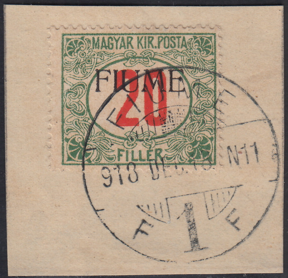 ND146 - 1918 - Segnatasse di Ungheria 20 filler verde e rosso soprastampa a macchina FIUME usato su frammento (11)