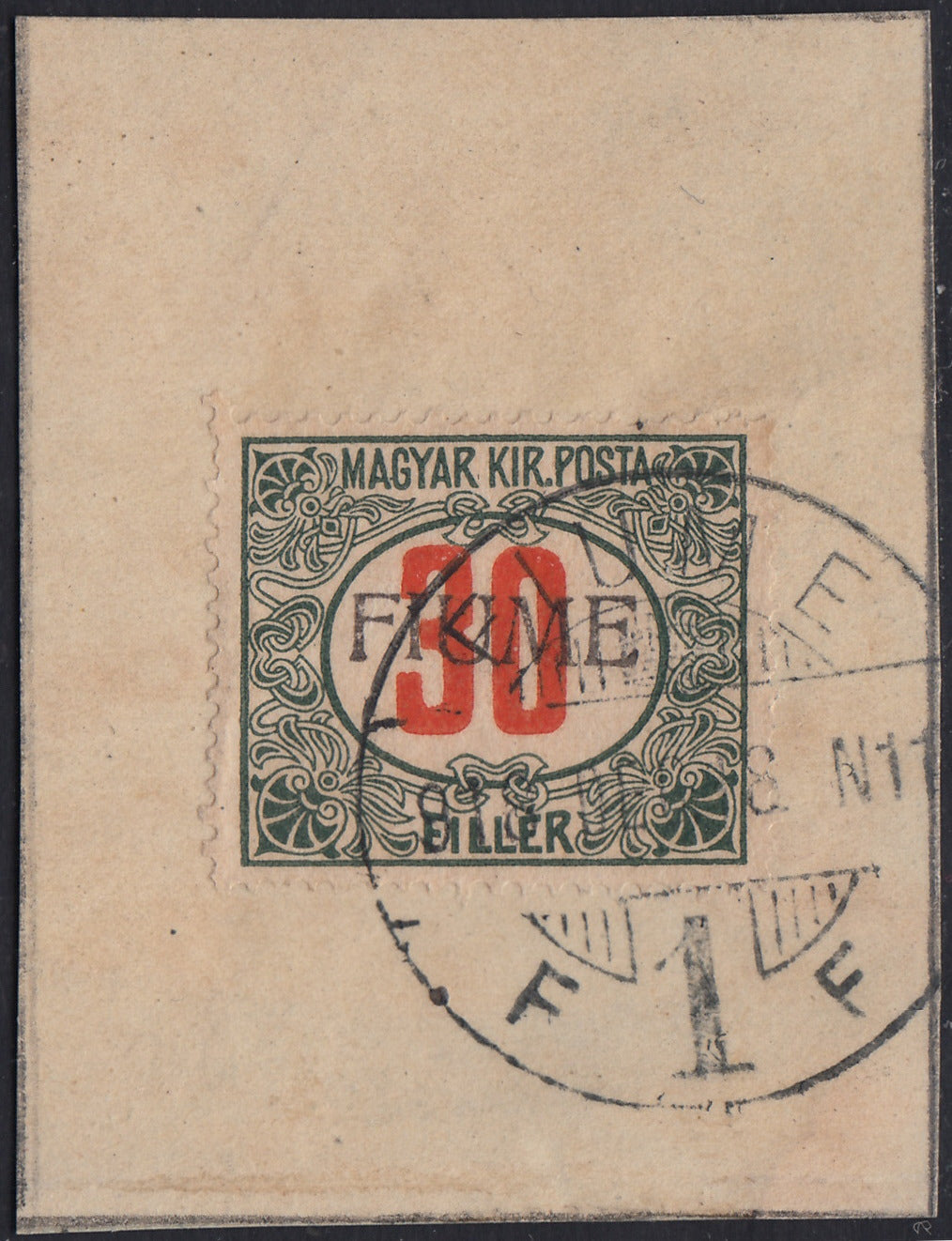 ND147 - 1918 - Segnatasse di Ungheria 30 filler verde e rosso soprastampa a mano del III tipo usato su frammento (12/III)