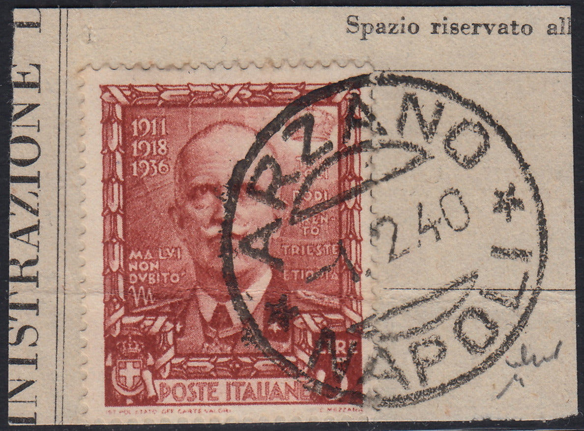 ND418 - 1938 - Proclamazione dell'Impero, 5 lire rosso bruno usato su frammento ARZANO 1/2/40 (448)