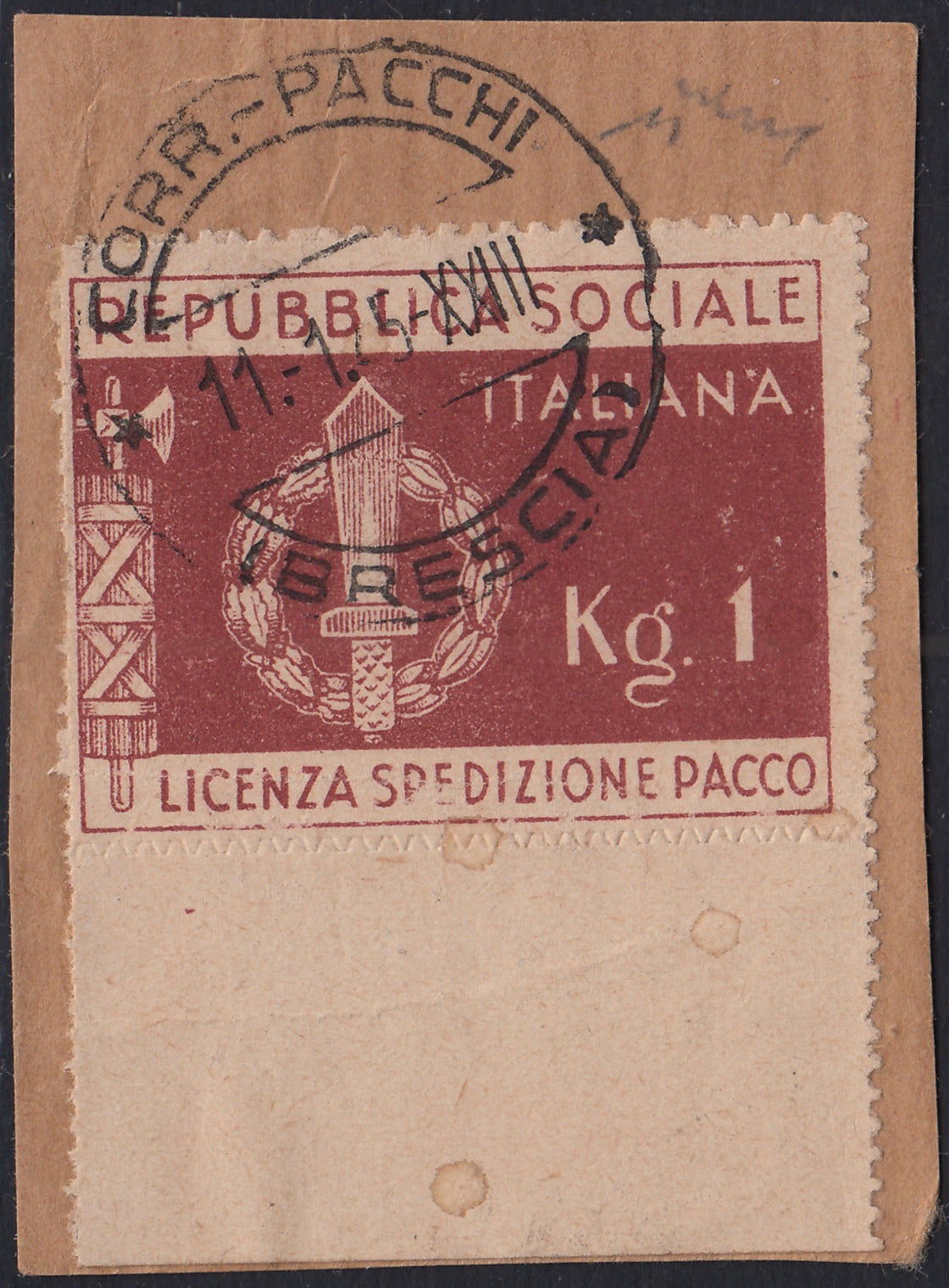 ND149 - 1944 - Emblemi della RSI, esemplare bruno rosso fino a Kg. 1 per Franchigia Militare usato su frammento (1)