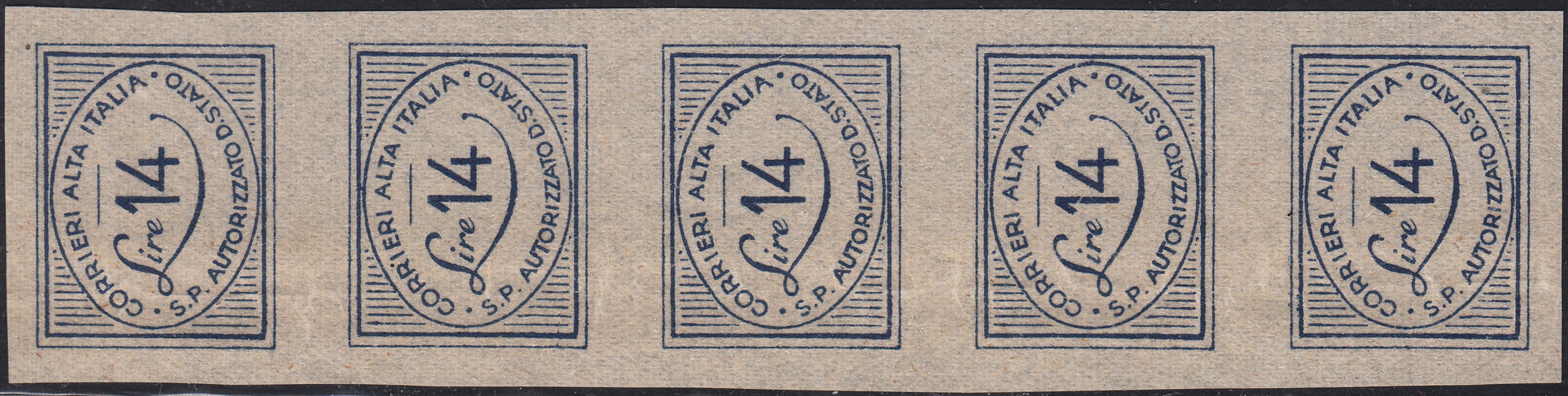 COR19 - 1945 - CORALIT issues, first series L. 15 ultramarine blue + L. 28 carmine pink in blocks of four of which two copies with watermark letters (1 + 1st + 2 + 2nd)