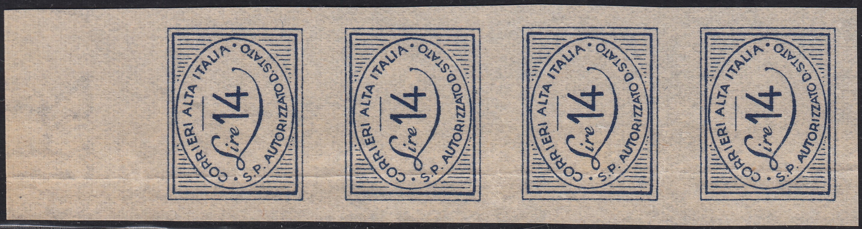 COR19 - 1945 - CORALIT issues, first series L. 15 ultramarine blue + L. 28 carmine pink in blocks of four of which two copies with watermark letters (1 + 1st + 2 + 2nd)