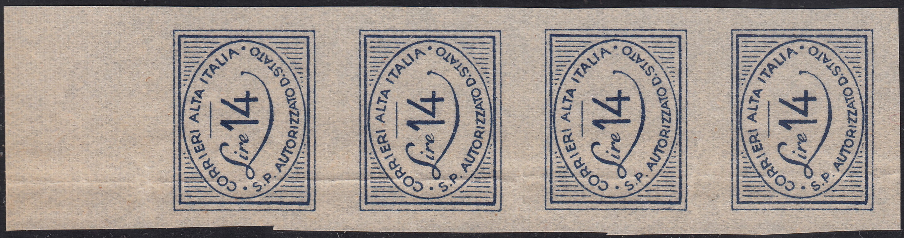 COR19 - 1945 - CORALIT issues, first series L. 15 ultramarine blue + L. 28 carmine pink in blocks of four of which two copies with watermark letters (1 + 1st + 2 + 2nd)