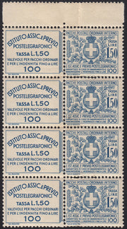 ND41 - 1936 - Francobolli Assicurativi, striscia di quattro da L. 1,50 azzurro nuovi con gomma integra, lieve piega verticale (17)