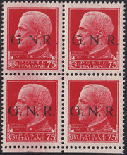 ND43 - 1944 - GNR tiratura di Brescia, c. 75 carminio blocco di 4 esemplari di cui il primo con varietà "R accostata ad N", nuovo integro (478/I + 478/IL)