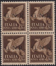 ND44 - 1944 - GNR tiratura di Brescia, Posta Aerea c. 50 bruno in quartina di cui il terzo ha varietà "R accostata ad N", nuova integra (118/I + 118/If)