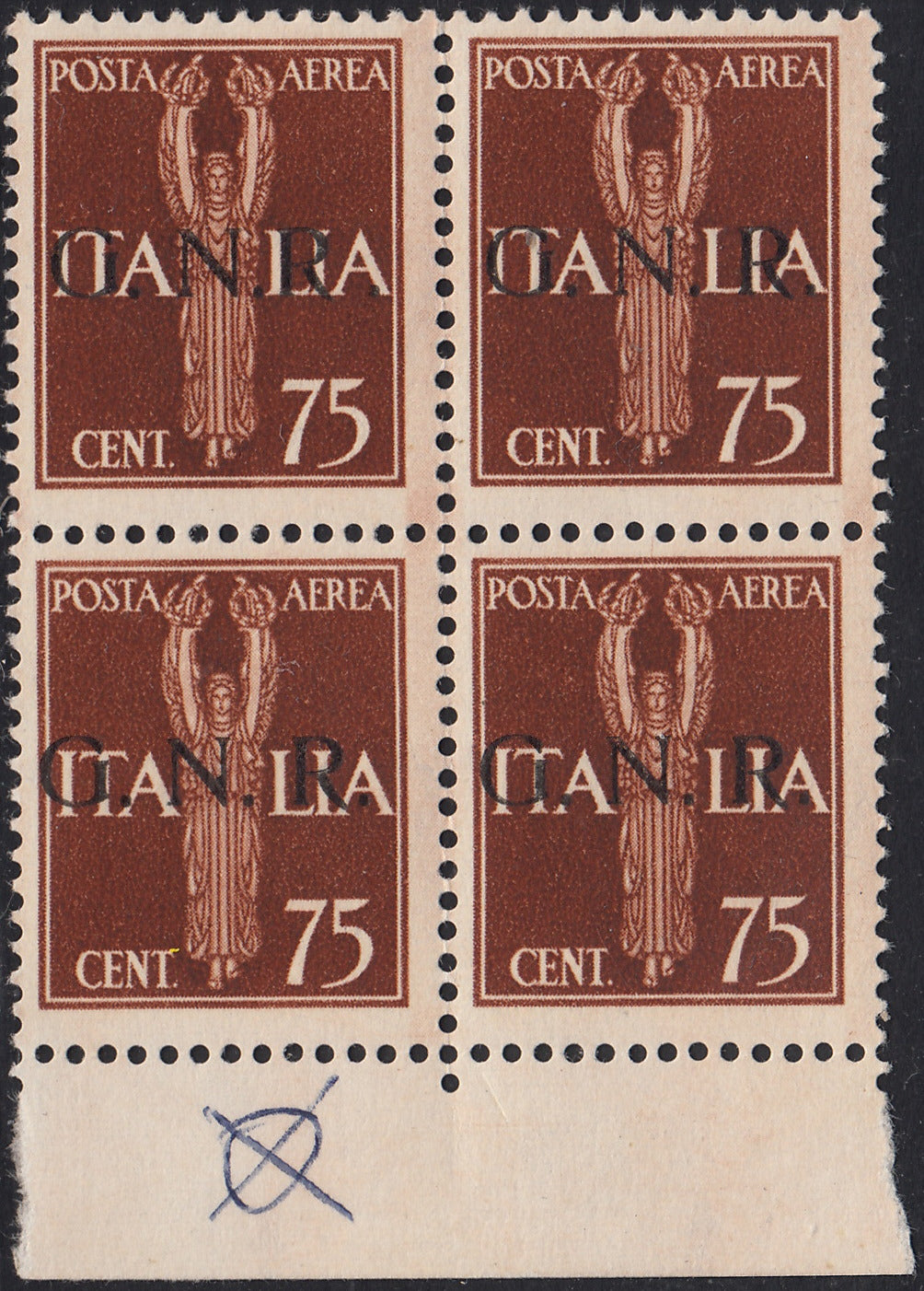 ND45 - 1944 - GNR tiratura di Brescia, Posta Aerea c.75 bruno giallo in quartina di cui il primo ha varietà "R accostata ad N", nuova integra (119/I + 119/If)