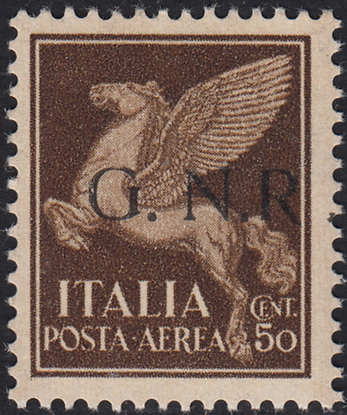 ND46 - 1944 - GNR tiratura di Brescia, Posta Aerea c. 50 bruno con varietà "R accostata ad N", nuovo integro (118/If)