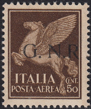 ND46 - 1944 - GNR tiratura di Brescia, Posta Aerea c. 50 bruno con varietà "R accostata ad N", nuovo integro (118/If)