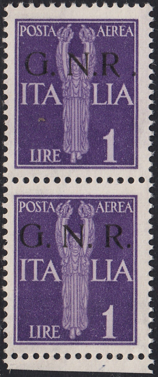 ND47 - 1944 - GNR tiratura di Brescia, Posta Aerea L. 1 violetto coppia verticale di cui il superiore ha varietà "R accostata ad N", nuova integra (121/I + 121/If)