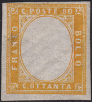 ND68 - 1862 - IV emissione c. 80 giallo cnuovo con gomma integra, senza effigie e con decalco (17Da)
