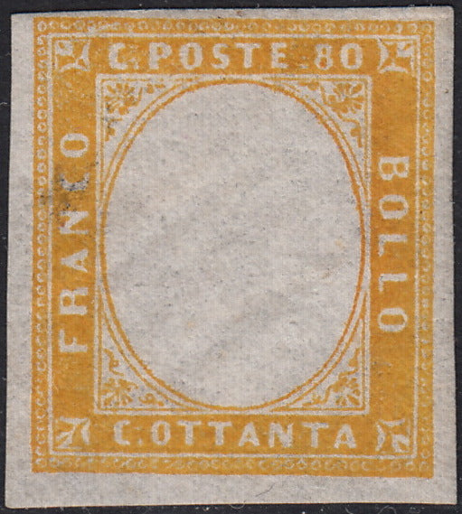 ND68 - 1862 - IV emissione c. 80 giallo cnuovo con gomma integra, senza effigie e con decalco (17Da)