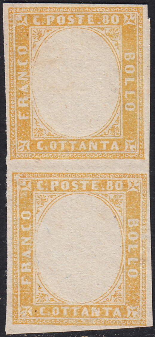 ND69 - 1862 - IV emissione c. 80 giallo limone coppia verticale, prova di colore su carta di medio spessore non gommata (17Da, gradazione)