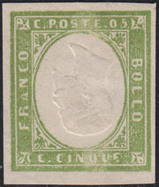 ND70 - 1863 - IV emissione c. 5 verde chiaro smorto (brillante) nuovo non gommato e con effigie capovolta (13Eb)
