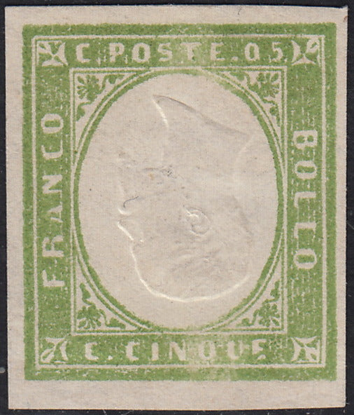 ND70 - 1863 - IV emissione c. 5 verde chiaro smorto (brillante) nuovo non gommato e con effigie capovolta (13Eb)