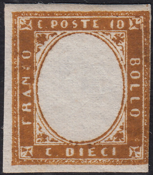ND72 - 1862- IV emissione c. 10 arancio brunastro carico (tipico siciliano) privo di effigie sovrana, nuovo con gomma originale e decalco (14Dg)