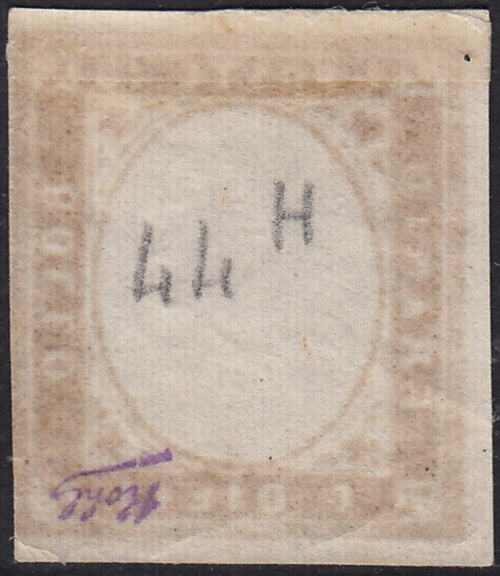 ND72 - 1862- IV emissione c. 10 arancio brunastro carico (tipico siciliano) privo di effigie sovrana, nuovo con gomma originale e decalco (14Dg)