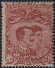 ND87 - 1896 - Nozze del Principe Ereditario Vittorio Emanuele co la principessa Elena Petrovich-Niegos, c.20 rosso nuovo con gomma (67E, Prova)