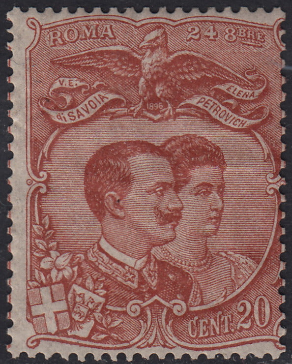 ND87 - 1896 - Nozze del Principe Ereditario Vittorio Emanuele co la principessa Elena Petrovich-Niegos, c.20 rosso nuovo con gomma (67E, Prova)