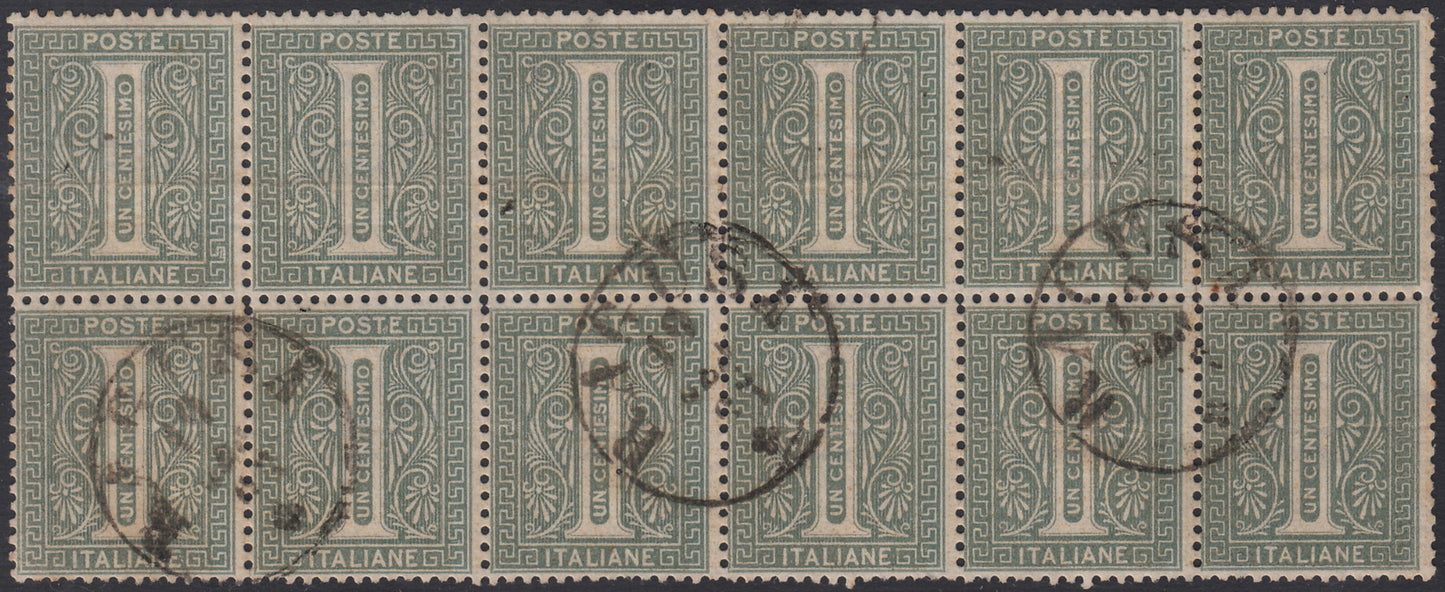 ND92 - 1863 - Emissione De La Rue tiratura di Londra c. 1 blocco di 12 esemplari usato, con due esemplari sfuggiti all'annullo e quindi senza gomma (L14)