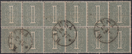 ND92 - 1863 - Emissione De La Rue tiratura di Londra c. 1 blocco di 12 esemplari usato, con due esemplari sfuggiti all'annullo e quindi senza gomma (L14)
