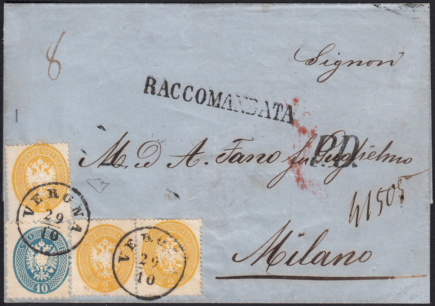 ND96 - 1864 - Lettera raccomandata spedita da Verona per Milano 29/10/64 affrancata con IV emissione 2s. giallo x 3 + 10s. azzurro + altro a verso (36+38)