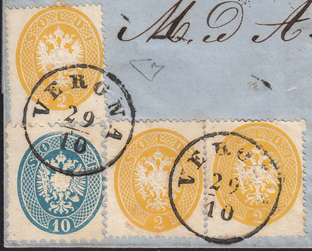 ND96 - 1864 - Lettera raccomandata spedita da Verona per Milano 29/10/64 affrancata con IV emissione 2s. giallo x 3 + 10s. azzurro + altro a verso (36+38)